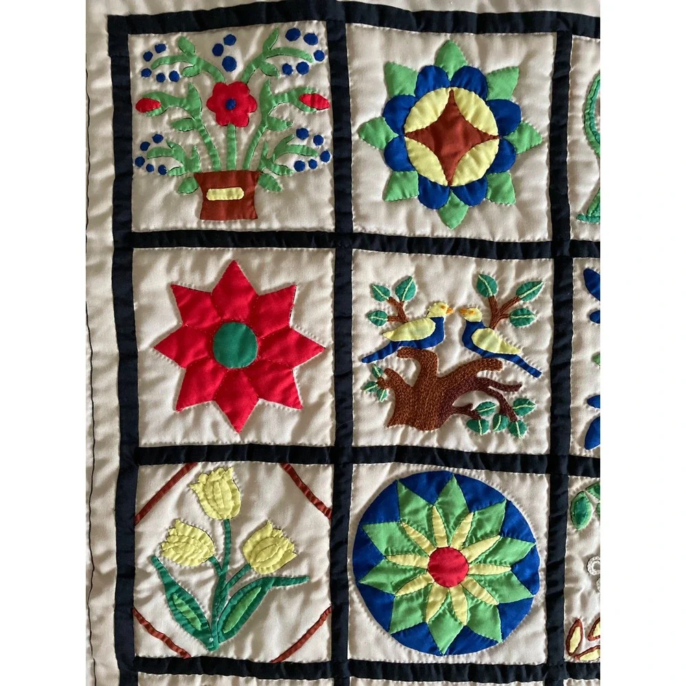 Vintage 1985 Handmade Sampler Album Quilt Applique Hand Quilted Rare 40x40